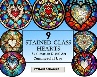 9 Hearts Stained Glass Pattern Sublimation Design, Printable Digital PNG Clip Art, Instant Download, 12in x 12in - 300dpi, Commercial Use