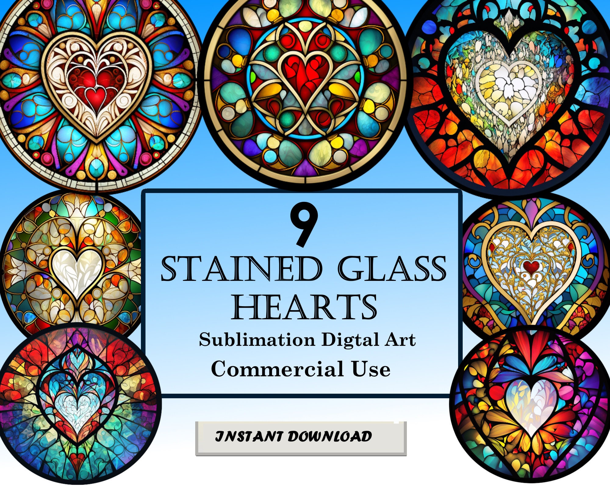 9 Hearts Stained Glass Pattern Sublimation Design, Printable Digital ...