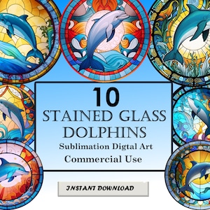 10 Delfin Glasmalerei Muster Sublimation Design, druckbare digitale PNG ClipArt, sofortiger Download, 12in x 12in - 300dpi, kommerzielle Nutzung
