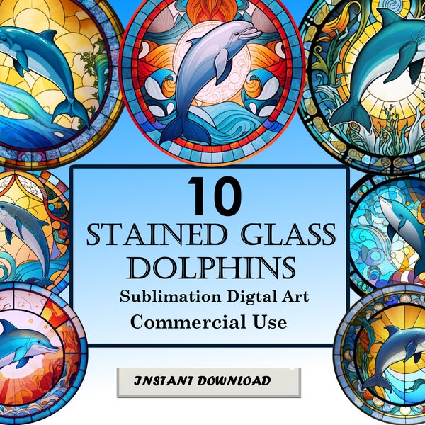 10 Dolphin Stained Glass Pattern Sublimation Design, Printable Digital PNG Clip Art, Instant Download, 12in x 12in - 300dpi, Commercial Use