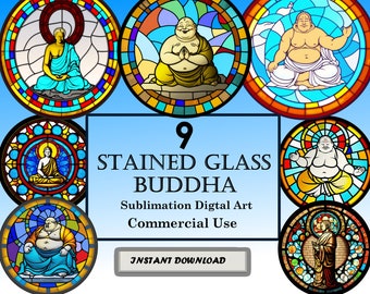 9 Buddha Stained Glass Pattern Sublimation Designs, Printable Digital Clip Art, Instant Download, 12in x 12in - 300dpi, Commercial Use