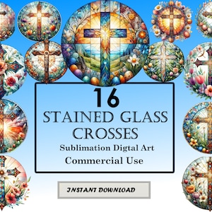 Könnte beinhalten: Ein digitaler Download von 16 Buntglas-Kreuzdesigns. Die Kreuze sind in verschiedenen Farben und Stilen gehalten, einige mit Blumen und anderen Naturelementen. Der Text "16 STAINED GLASS CROSSES Sublimation Digital Art Commercial Use INSTANT DOWNLOAD" ist auf dem Bild zu sehen.
