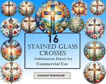 16 Christian Crosses Stained Glass Pattern Sublimation Design, Printable Digital Clip Art, Instant Download, 12in x 12in - 300dpi