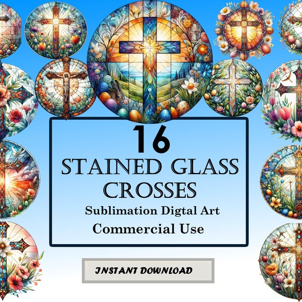 16 Christian Crosses Stained Glass Pattern Sublimation Design, Printable Digital Clip Art, Instant Download, 12in x 12in - 300dpi