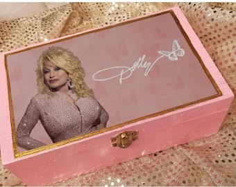 Hand Painted Decoupage Dolly Parton Trinket Jewelry keepsake wooden box