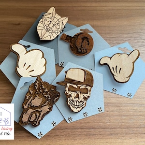 Trendy wooden pins SVG, laser cut engraved, etched
