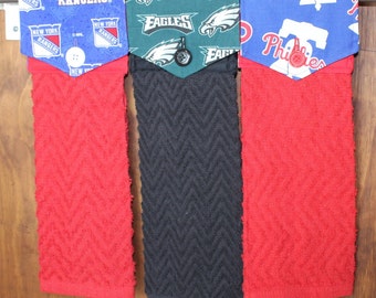 Philadelphia Eagles and Phillies, New York Rangers Handmade Hanging Kitchen Hand Towels Cotton Red and Black