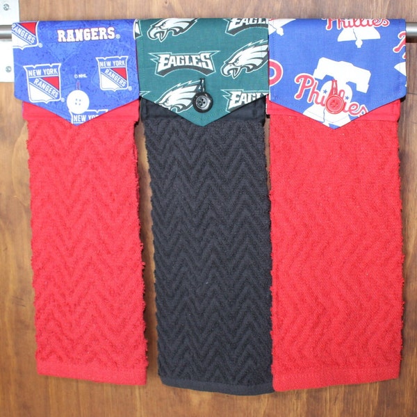 Philadelphia Eagles and Phillies, New York Rangers Handmade Hanging Kitchen Hand Towels Cotton Red and Black