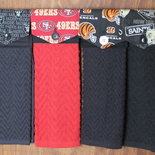 New Orleans Saints, Cincinnati Bengals, San Francisco 49ers, Las Vegas Raiders Handmade Hanging Kitchen Hand Towels Black and Red Cotton