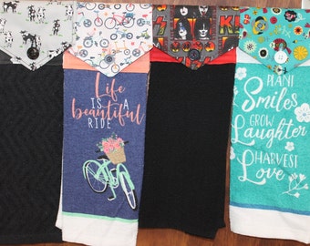 Kiss, cows, bicycles, birds, teal handmade hanging kitchen towels cotton towels