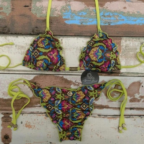 Boho floral Brazilian bikini - ripple cheeky bikini set - soft fabric fixed top and tie bottom