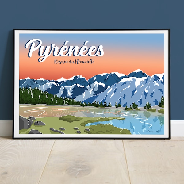 Affiche illustrée des Pyrénées - réserve de Neouvielle