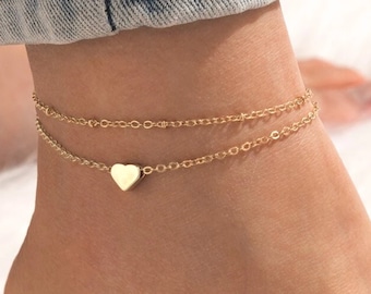 Stainless Steel Heart Gold Anklets, Double Layered Gold Anklet, Gifts for her, Summer Accessories, Beach Accessories, Anniversary Gifts