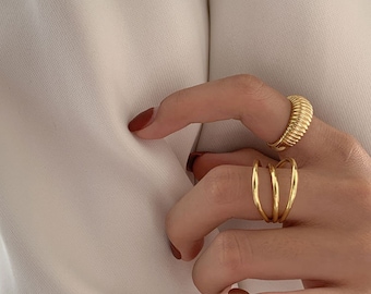 Drei Band Goldringe | Stapelbarer Ring| Minimalistischer Schmuck | Verstellbarer Ring | Offener Ring | 18k Vergoldeter Ring | Gold Band Ring