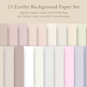 Może przedstawiać: Zestaw 23 cyfrowych papierów w ziemistych odcieniach, w różnych pastelowych kolorach, takich jak beż, róż i lawenda. Papiery są w formacie A4/Letter i nadają się do użytku w orientacji pionowej lub poziomej. Tekst "23 Earthy Background Paper Set" jest widoczny.