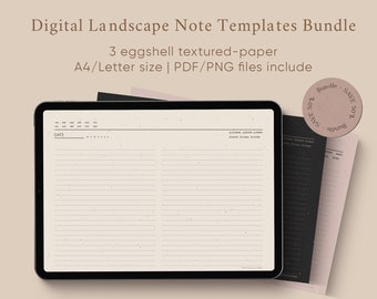 May include: A digital landscape note templates bundle displayed on a tablet, featuring an eggshell textured-paper design. The image includes a bundle of three templates, with the text "Digital Landscape Note Templates Bundle" and "A4/Letter size | PDF/PNG files include".