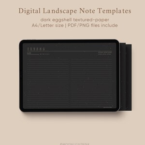 May include: A digital tablet displaying a dark eggshell textured-paper note template. The text "Digital Landscape Note Templates" and "A4/Letter size | PDF/PNG files include" are visible. The tablet is black with a white border and a light beige background.