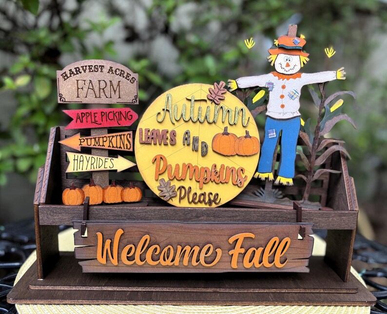 Welcome Fall Scarecrow, Add on Interchangeable Wagon/Shelf Sitter, Fall Wagon, Fall Tier Tray, Cute Scarecrow, Seasonal Decor, Housewarming,