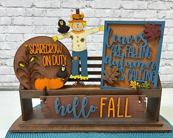 Hello Fall Tiered Tray Decor Set: Scarecrow, Leaves & Pumpkins