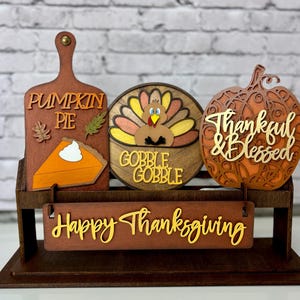 Thanksgiving Tiered Tray Decor: Turkey, Pumpkin Pie, & Blessed Pumpkin