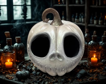 May include: A pearlescent white ceramic pumpkin sculpture featuring large hollow eye sockets, a small nose cavity, and a stitched mouth design. The pumpkin has a curved brown stem at the top and a smooth, glossy finish with subtle iridescent highlights.
