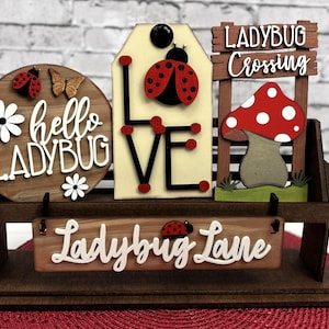 May include: Wooden ladybug-themed decorative shelf with multiple signs. Includes a round sign with "hello LADYBUG", a tag with "LOVE", and a sign that says "LADYBUG Crossing". A sign that says "Ladybug Lane" is on the bottom.