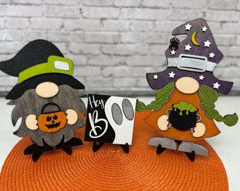 Halloween Gnome Tier Tray Decor: 'Hey Boo' Sign, Interchangeable Gnomes,