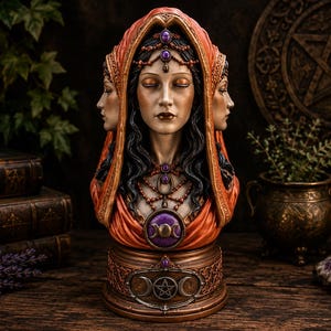 May include: A three-faced bust of a figure wearing an orange hooded cloak, adorned with purple gemstone jewelry and a central circular pendant featuring a triple moon symbol. The base is decorated with a pentagram inside a triple moon emblem.