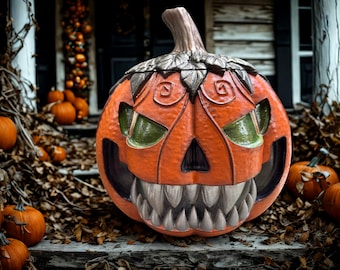 3D Printed Hand-Painted Haunted Pumpkin: Scary Halloween Decor