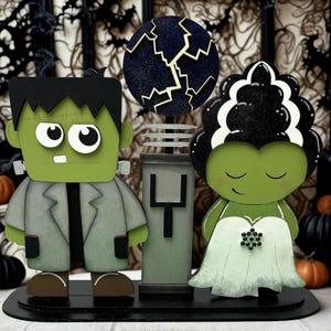 Hand-Painted Frankenstein & Bride Stand: Halloween Mantle Decor,