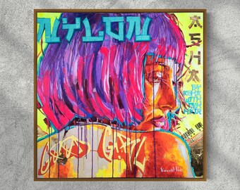 Trendy ORIGINAL Large Painting on Canvas TOKYO VIBES I, Woman with Pink Hair, Fashion Magazine Cover, Contemporary Fluorescent Colours Art