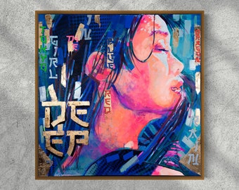 Contemporary ORIGINAL Large Painting on Canvas TOKYO VIBES 2, Japanese Girl, Fashion Magazine Cover, Pop Art, Vibrant Colours Street Art
