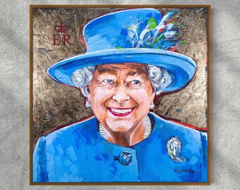 Extra Large Original Artwork on Canvas Portrait of The QUEEN ELIZABETH ICON Mother of King Charles