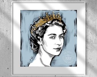 QUEEN ELIZABETH II Platinum Jubilee Limited Edition Paper Print with Silver Leaves. Platinum Edition. Home Decor Gift Art  for Royals Fans