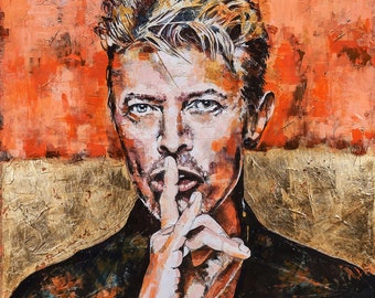 DAVID BOWIE Print on Medium Canvas, Limited Edition Print with Hand Made Gold Leaves 28"x28", David Bowie Pop Art, Home Decor Wall Art