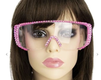 Bling Rhinestone Clear Embellished Protective Fashion Safety Eye Wear Goggles / Glasses and Pouch - Dark Pink