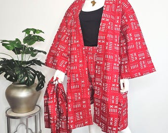 African Print Kimono Duster Top/Blouse 4 Piece  Wide Leg Shorts Pant Set with Pocket / Belt / Headwrap