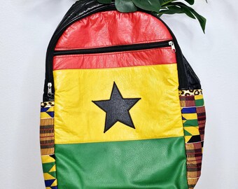 African Ankara Kente Print Padded PU Leather Large Capacity Backpack made in Ghana