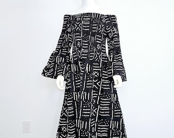 African Ankara Print Maxi Dress: Smocked Off-Shoulder Cotton Dress with Headwrap