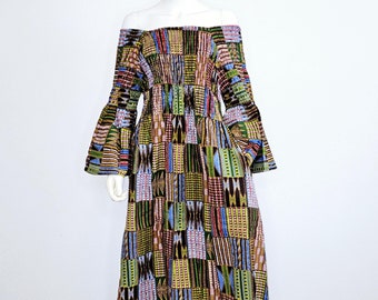 African Ankara Print Maxi Dress with Headwrap: Smocked Off-Shoulder Cotton