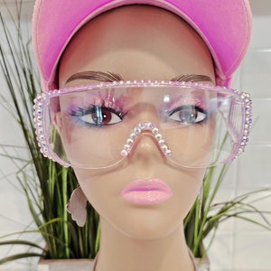Bling Rhinestone Clear Embellished Protective Fashion Safety Eye Wear Goggles / Glasses and Pouch - Lavender