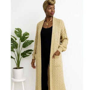 Long Brown Knit Duster Cardigan for Women | Oversized Boho Sweater Coat | Stretch Cable Knit Maxi Cardigan | Fall & Winter Layering Outfit