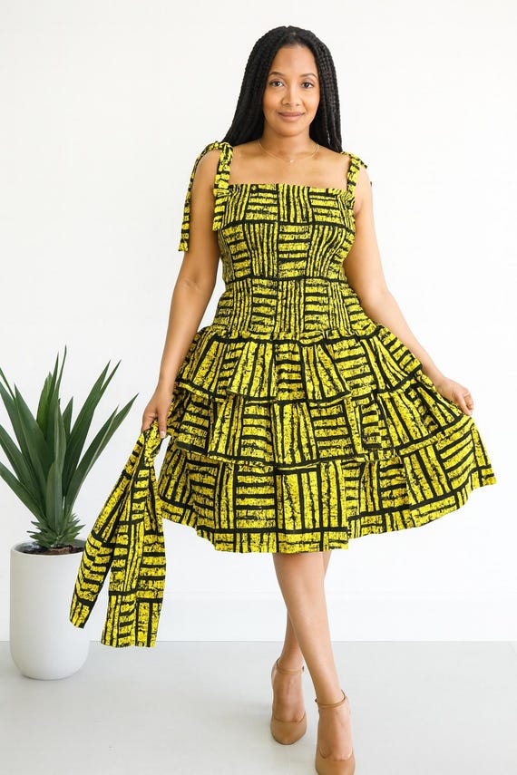 Women Flounce Dress With Head Scarf: Smocked Bodice, Polished Cotton