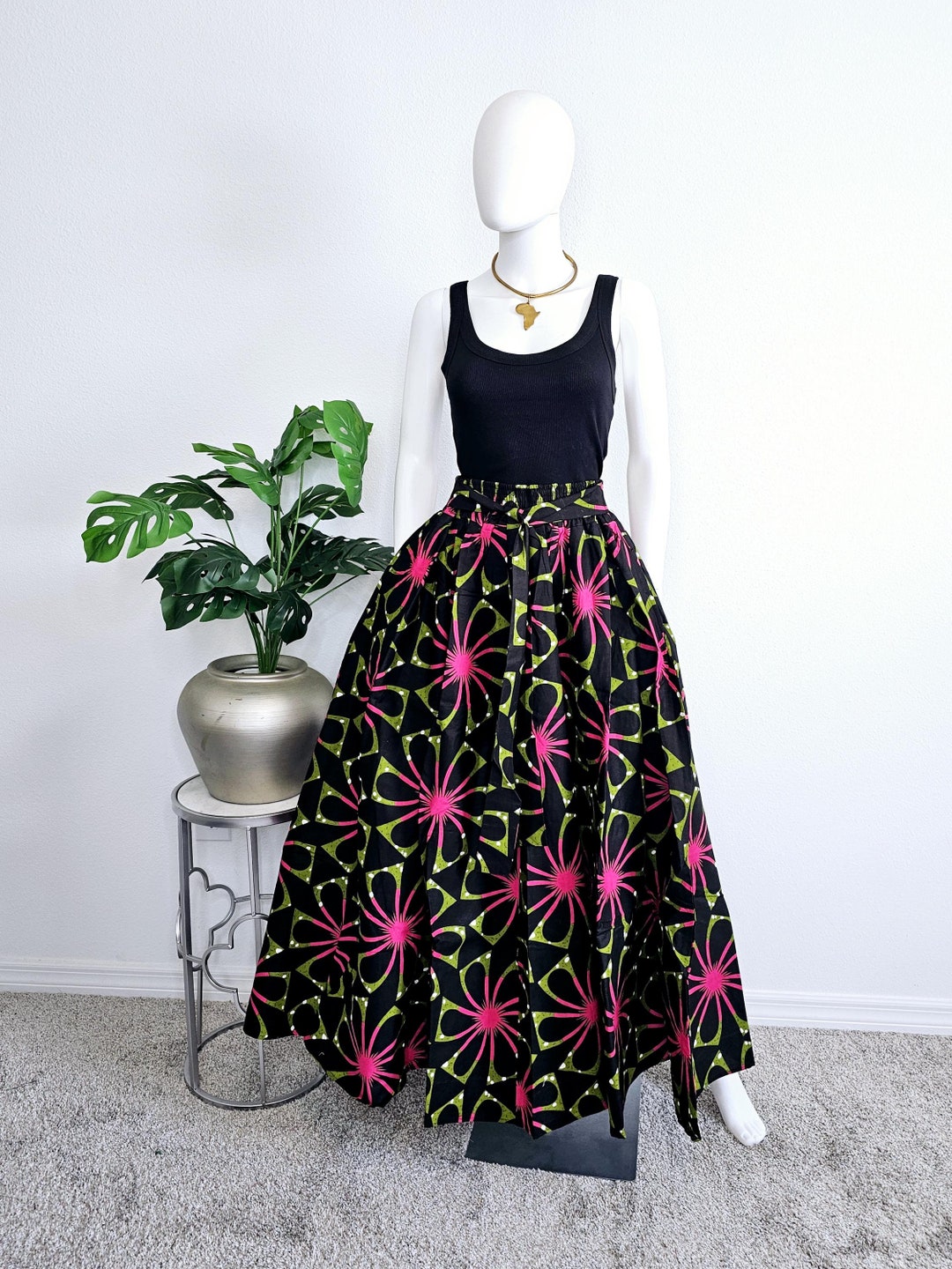 Safari Anga Strappy Tie Back Maxi Dress - Pink / Green Ankara Print