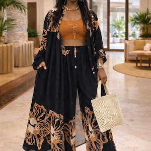 Tweedelige kaftan set wijde pijpen palazzo broek/lange abaya en shirtjurk duster gewaad vest split kaftan/gratis maat: S tot XL (VS 2-14/16) Zwart