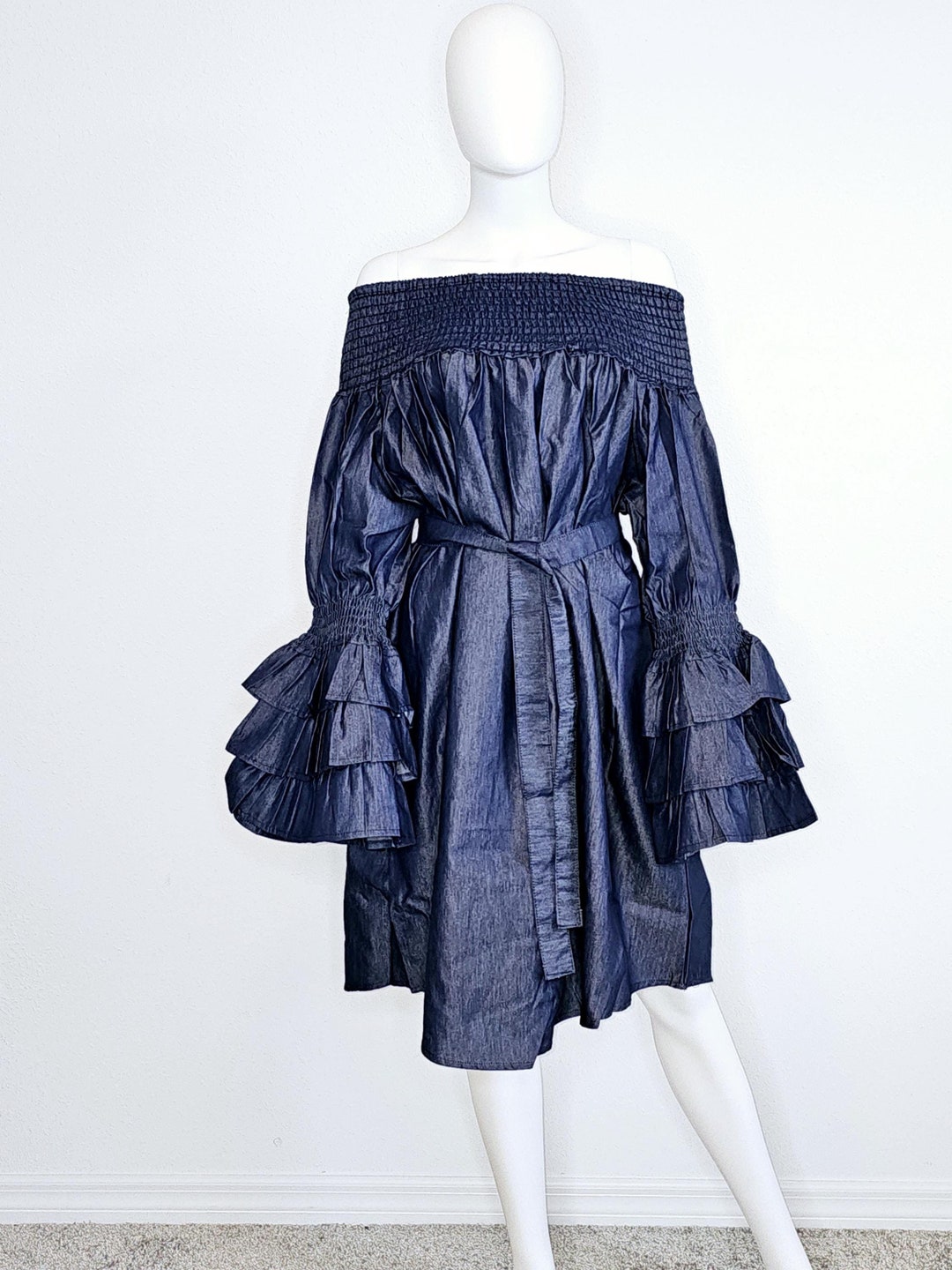 Denim Off-shoulder Ruffle Sleeve Dress With Head Scarf