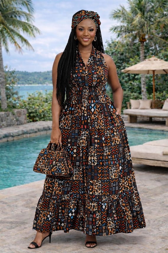 maxi dress with head scarf African Print Ankara Style Long Smocked Maxi Sundress With Head Scarf -  Vacation Outfit Dress Beach Spring Resort Wear