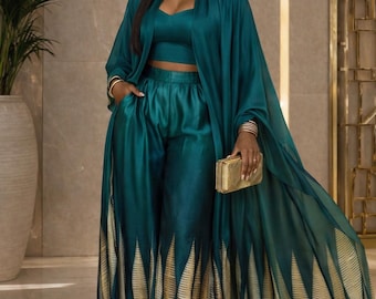 Conjunto de kimono de satén de lujo con pantalón de pierna ancha, elegante conjunto de 2 piezas, conjunto tipo caftán, conjunto fluido a juego - Tallas estadounidenses 12-18