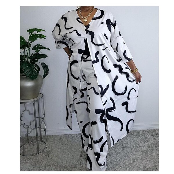 Comfortable Long Kimono Sleeve Top  2 Piece Wide Leg Pant Set