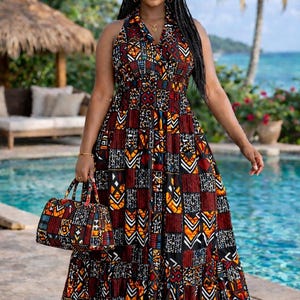 Vestido largo maxi estilo Ankara con estampado africano y fruncido, con pañuelo para la cabeza - Conjunto de vacaciones, playa, primavera y resort